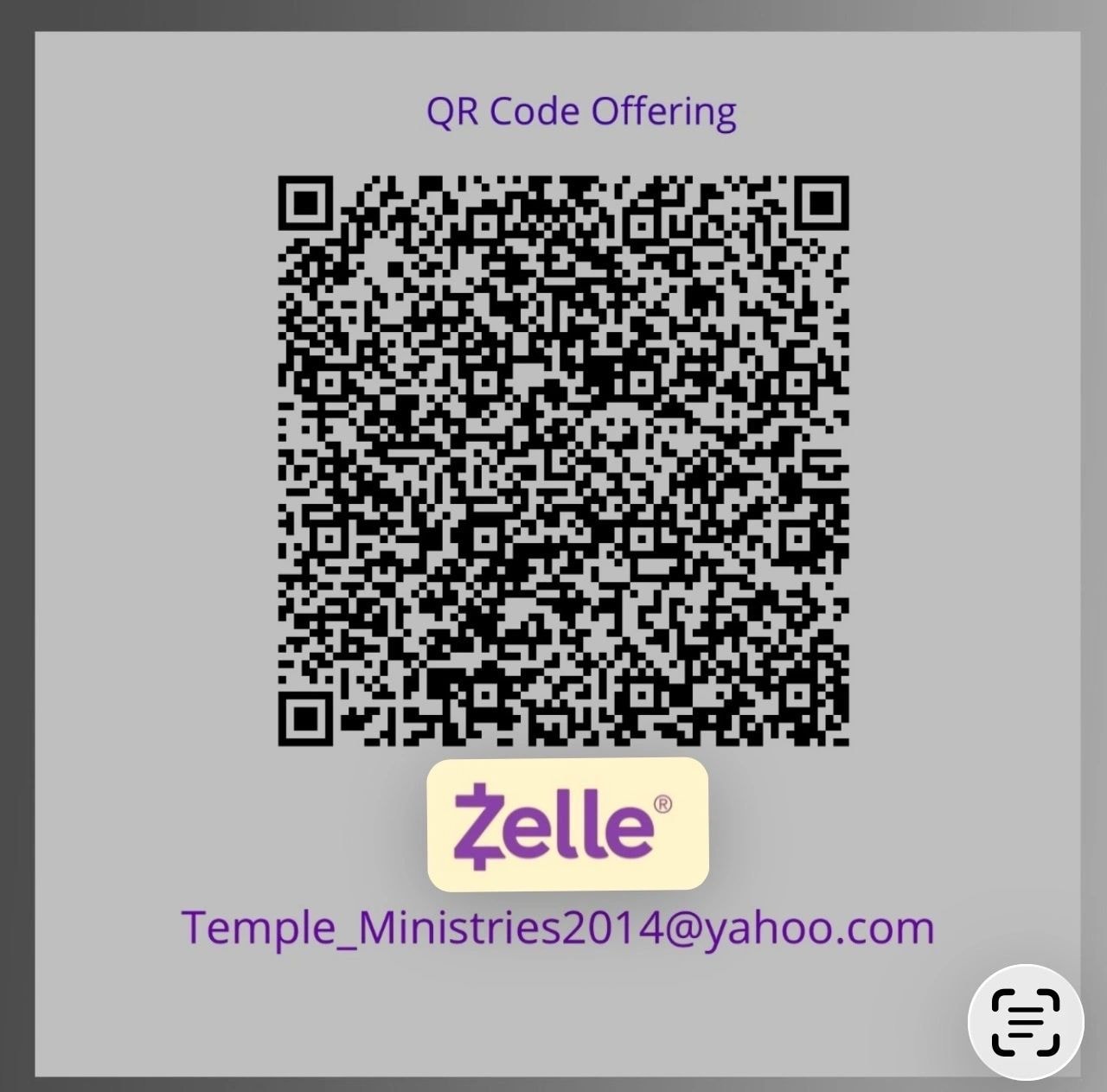 Zelle QR code for Temple Ministries giving